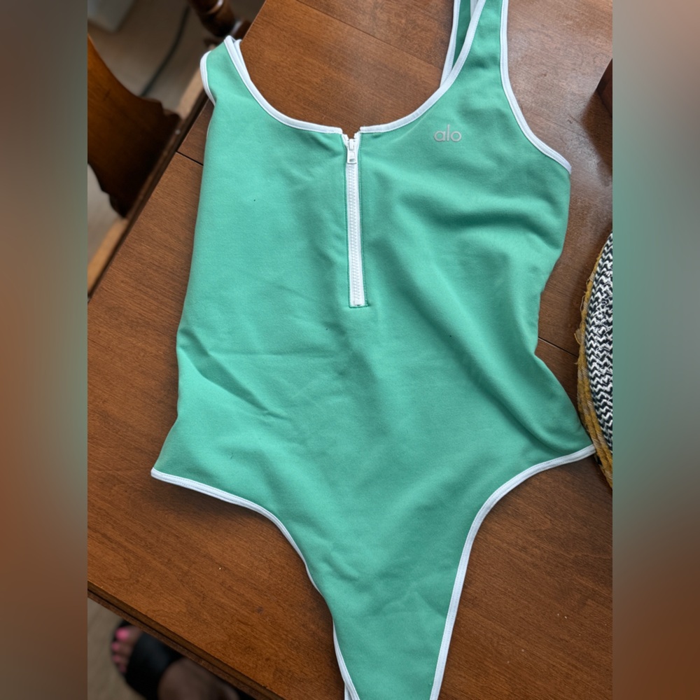 ALO Yoga Kids Aqua Bodysuit with White Trim